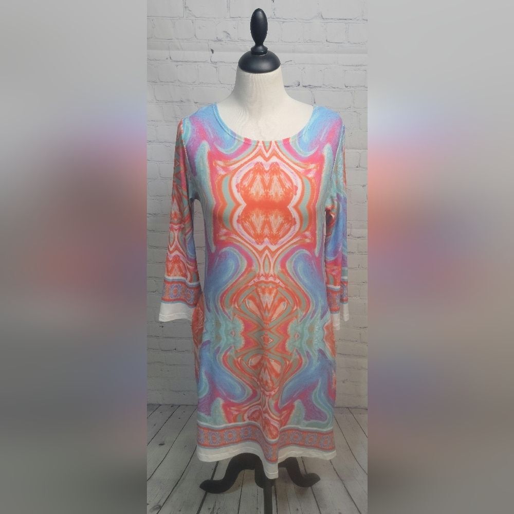 Parisou Multicolor Dress size Sm 3/4 Sleeve with Pockets NWT Scoop Neck Preppy